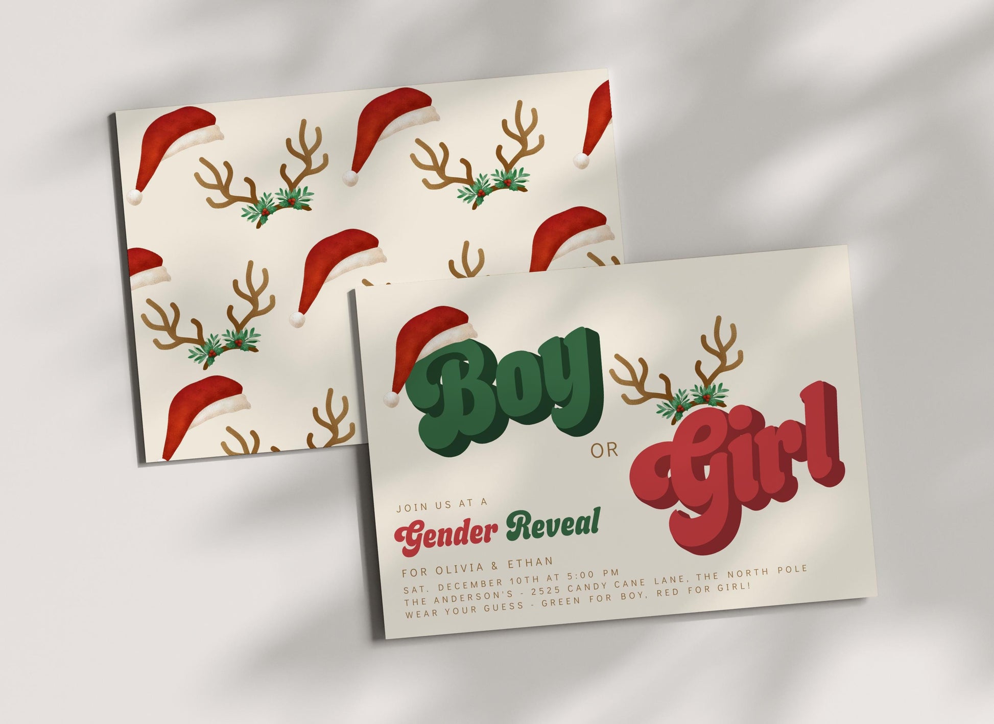 Christmas Gender Reveal Invitation | Retro Holiday Baby Shower Invite | Boy or Girl Editable Corjl Template