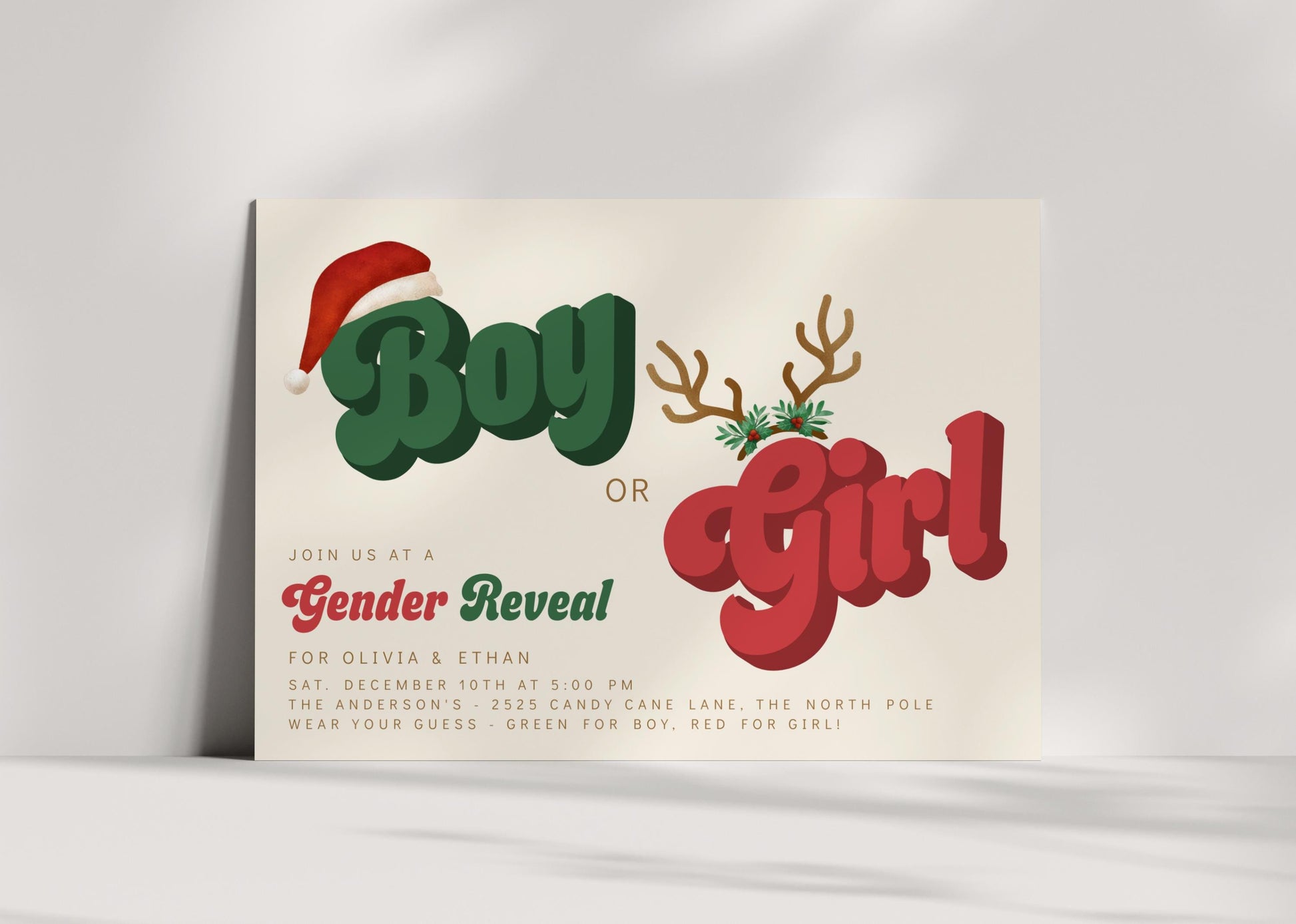 Christmas Gender Reveal Invitation | Retro Holiday Baby Shower Invite | Boy or Girl Editable Corjl Template