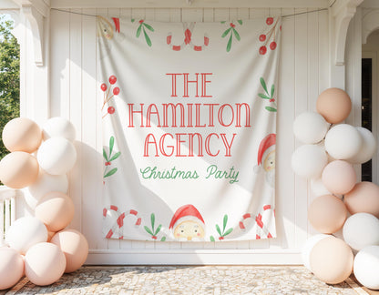 Santa Christmas Party Backdrop, Large Holiday Banner, Candy Cane & Holly Decoration, Family or Company Xmas Photo Booth Background