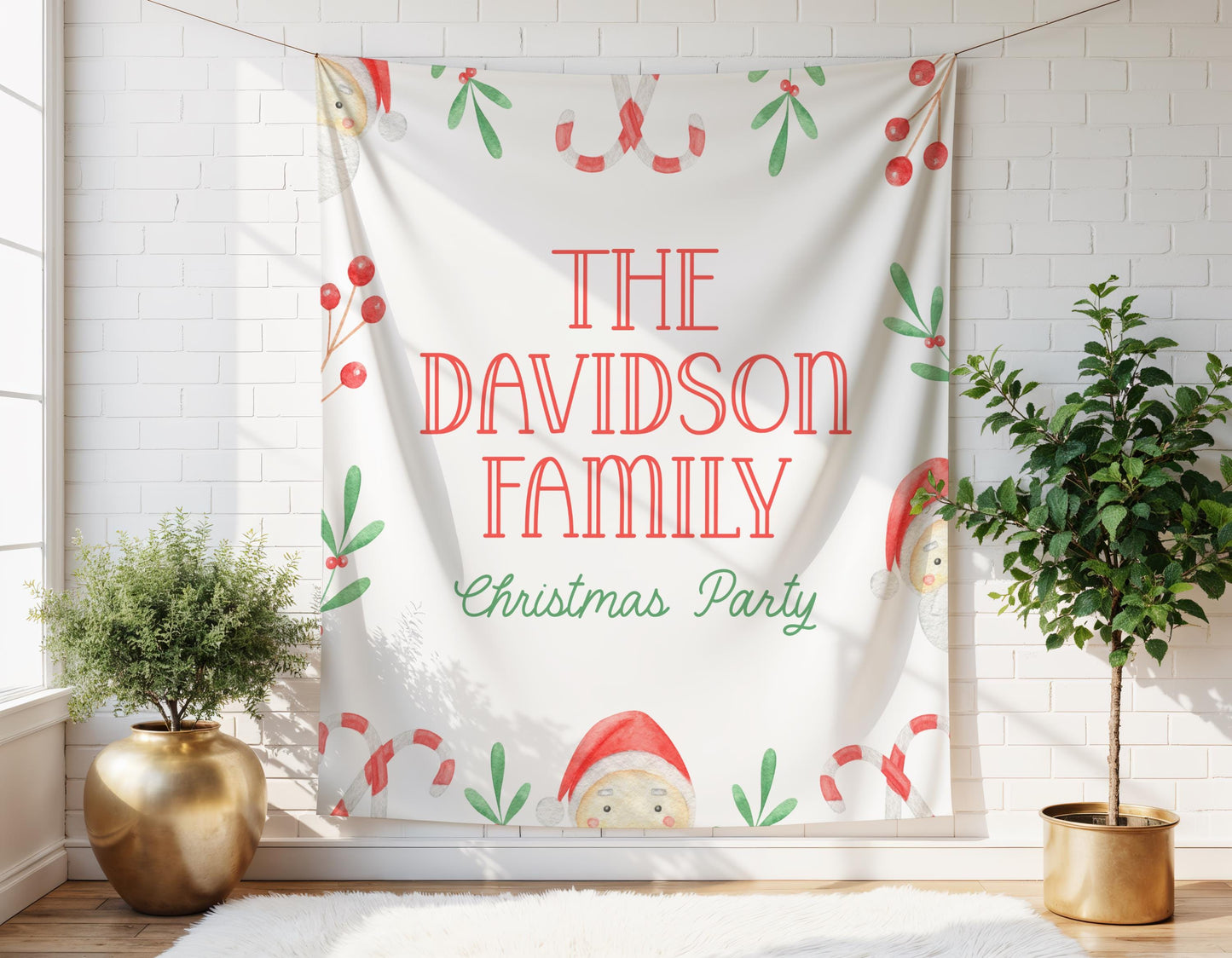 Santa Christmas Party Backdrop, Large Holiday Banner, Candy Cane & Holly Decoration, Family or Company Xmas Photo Booth Background