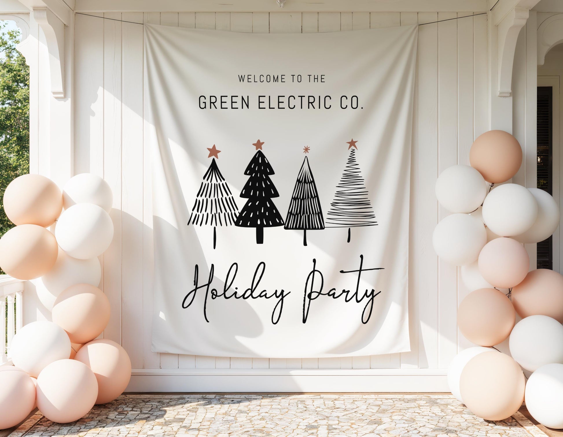 Holiday Party Welcome Banner, Minimalist Black and White Tree Backdrop, Christmas Party Decor, Company Holiday Party Entrance Sign