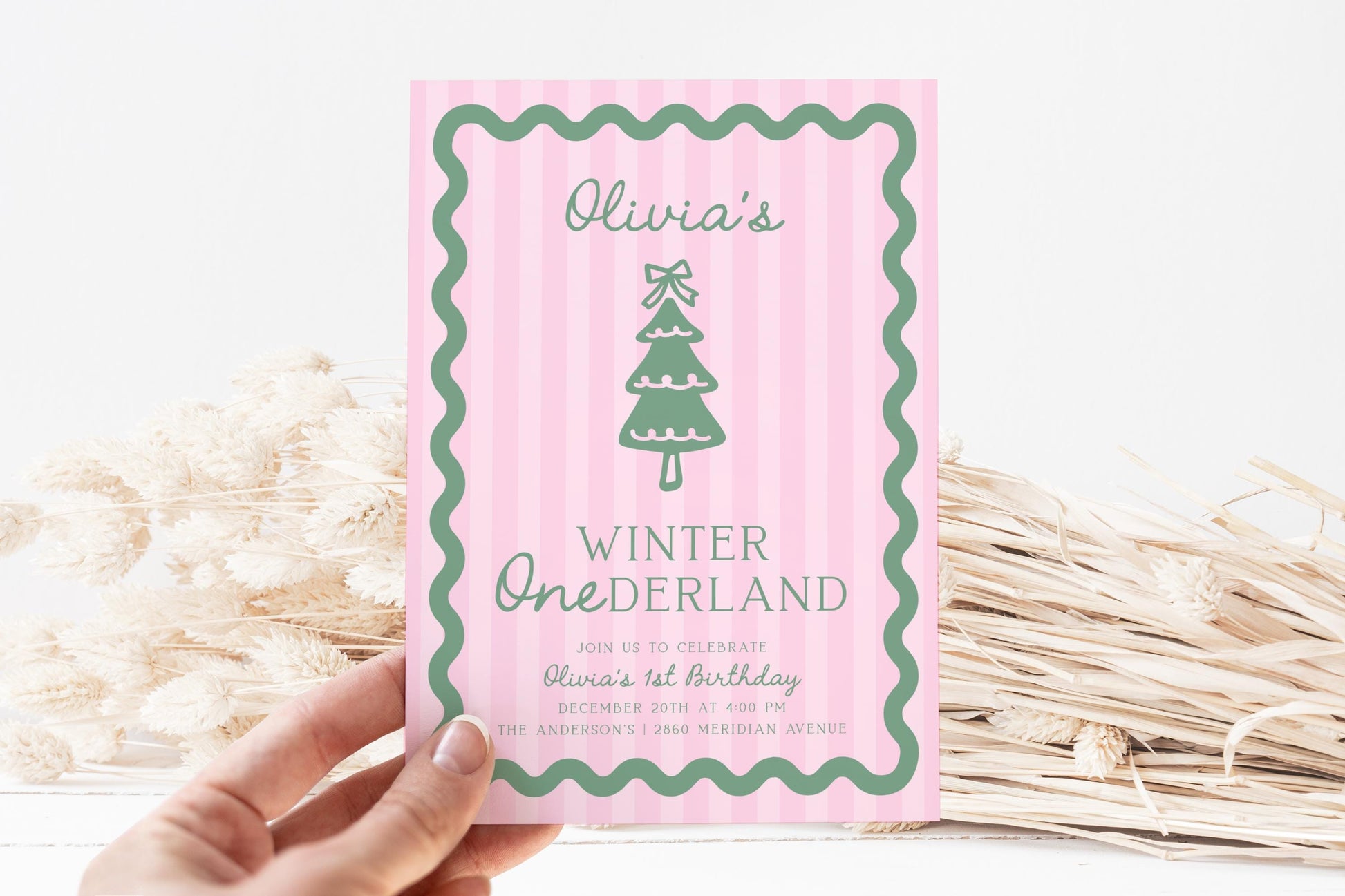 Pink Green Winter Onederland Invitation | Preppy Stripes and Wavy Border Christmas Birthday Invite | Trendy First Birthday Corjl Template