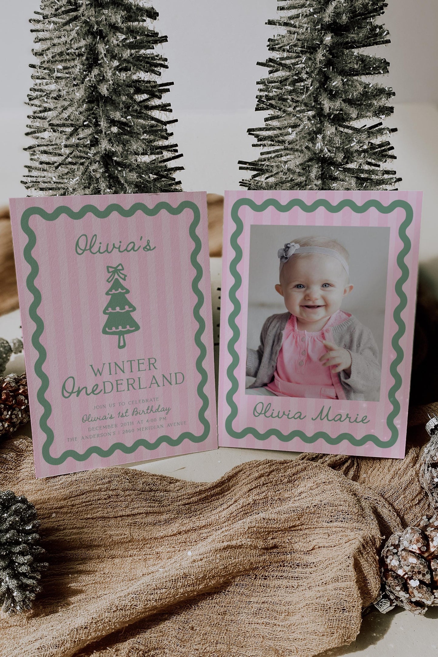 Pink Green Winter Onederland Invitation | Preppy Stripes and Wavy Border Christmas Birthday Invite | Trendy First Birthday Corjl Template