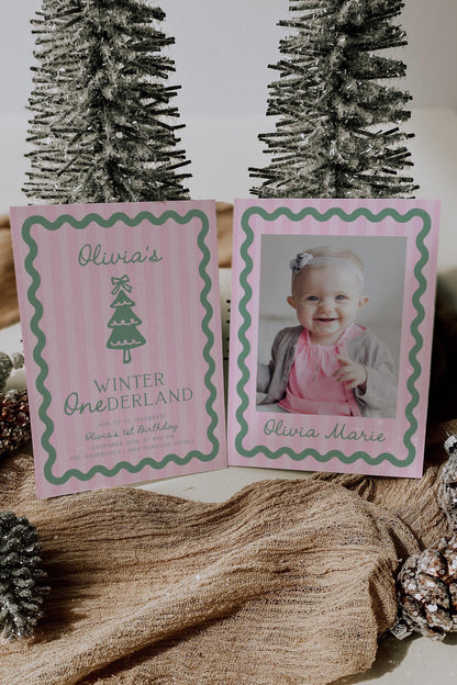 Pink Green Winter Onederland Invitation | Preppy Stripes and Wavy Border Christmas Birthday Invite | Trendy First Birthday Corjl Template