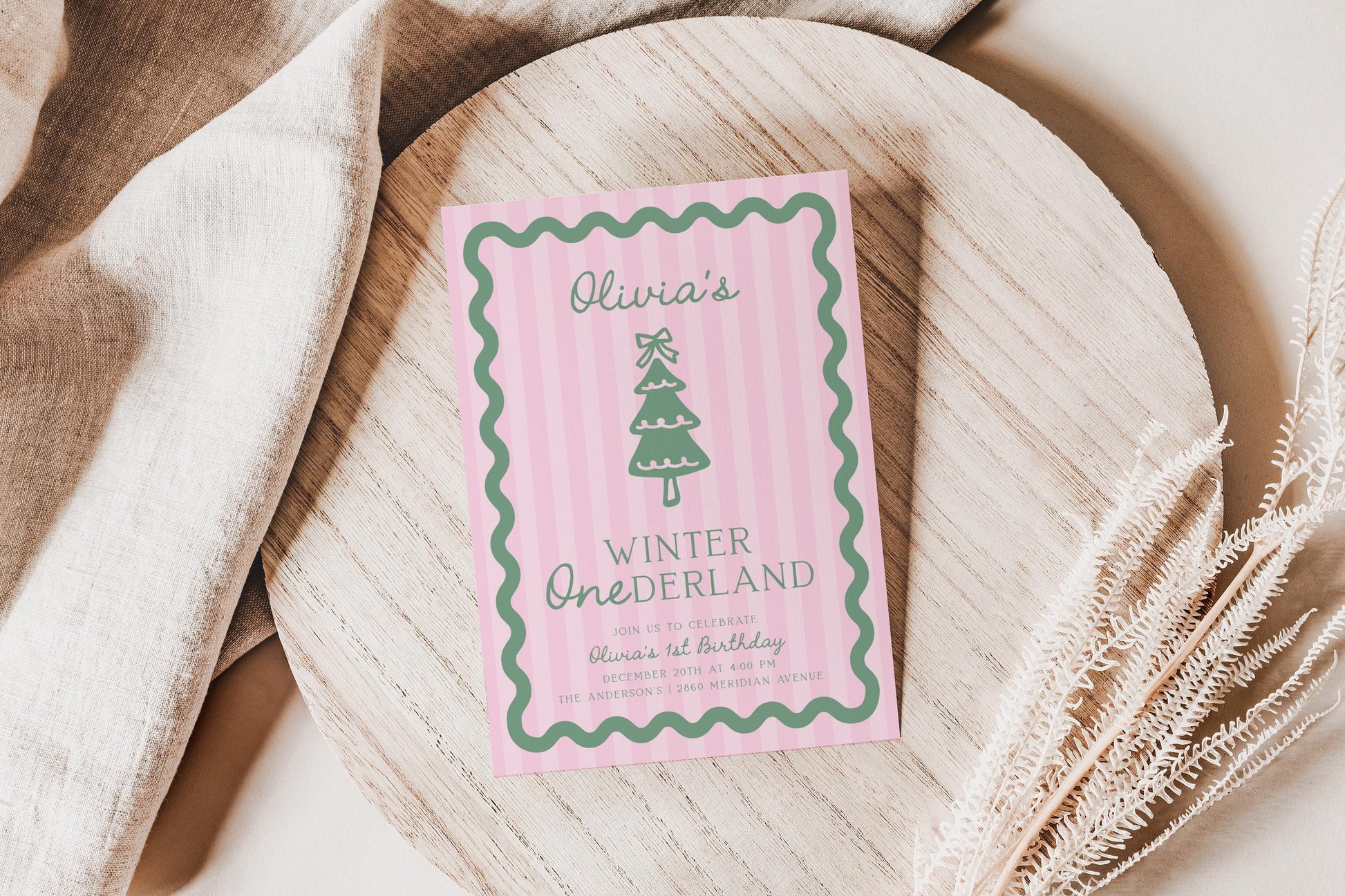 Pink Green Winter Onederland Invitation | Preppy Stripes and Wavy Border Christmas Birthday Invite | Trendy First Birthday Corjl Template