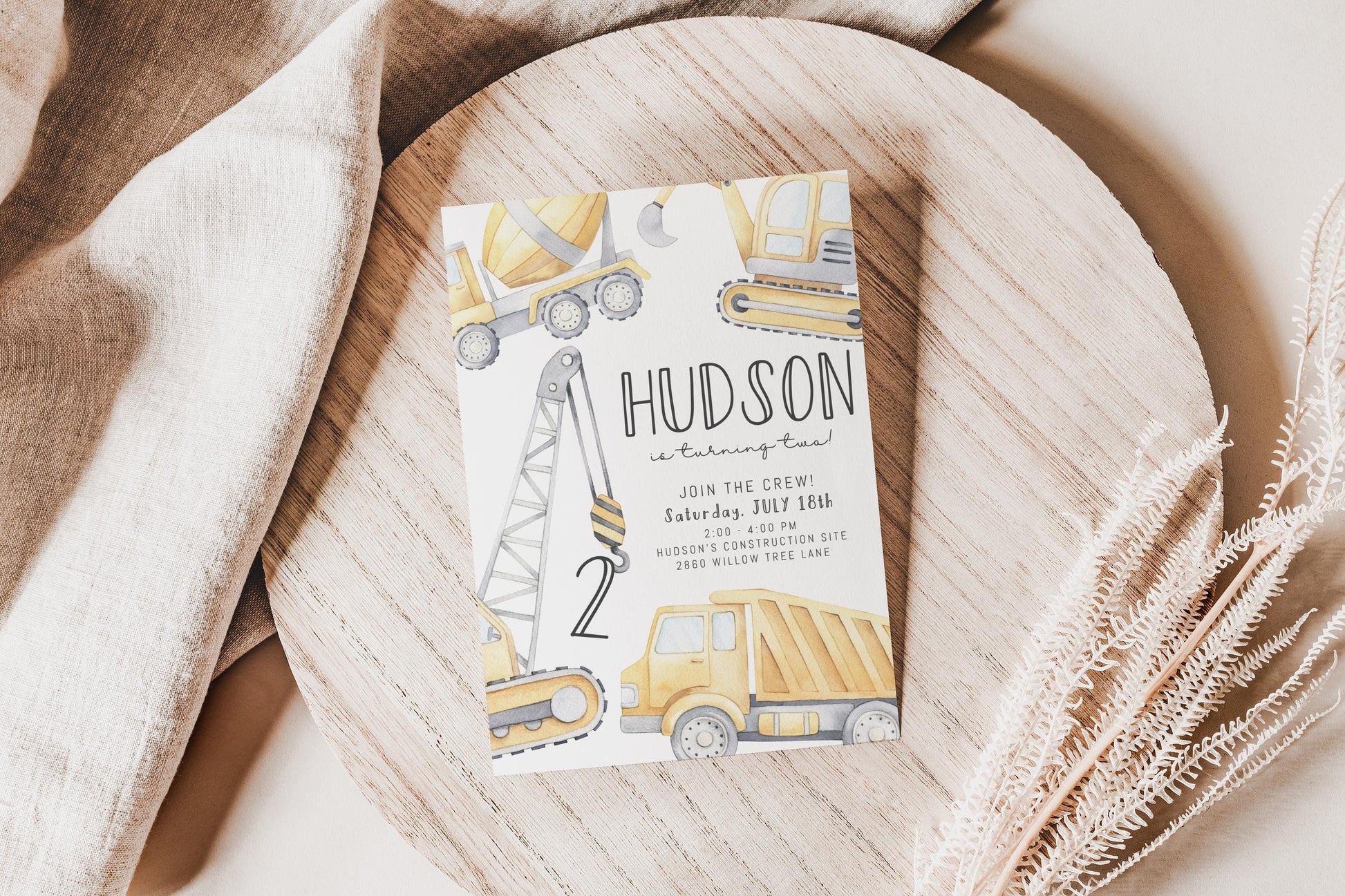 Construction Birthday Invitation | Pale Yellow Crane with Any Age | Watercolor Construction Party Editable Corjl Template