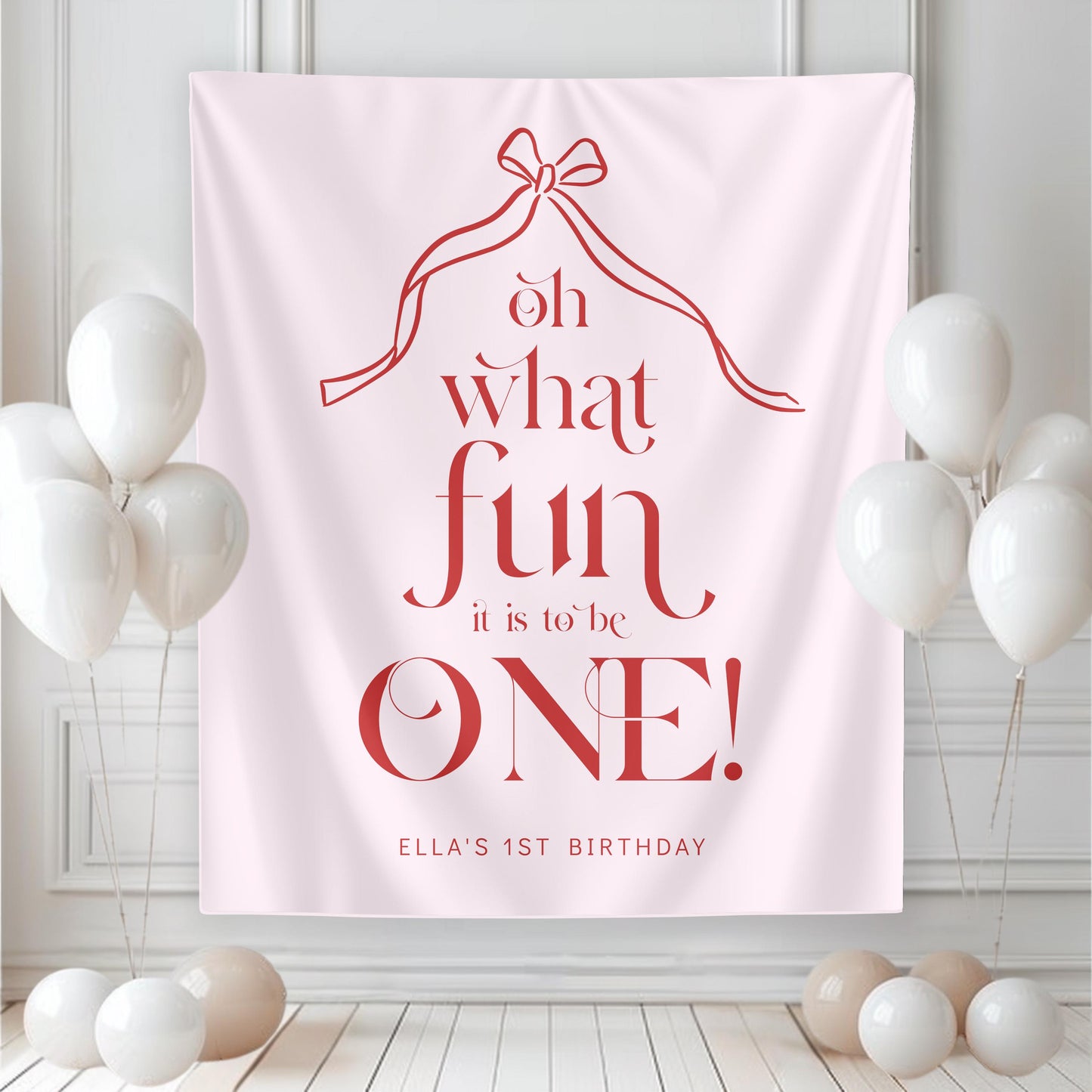Oh What Fun Pink Red Backdrop, Christmas First Birthday Banner, Coquette Bow Fabric Sign, Photo Backdrop Decor