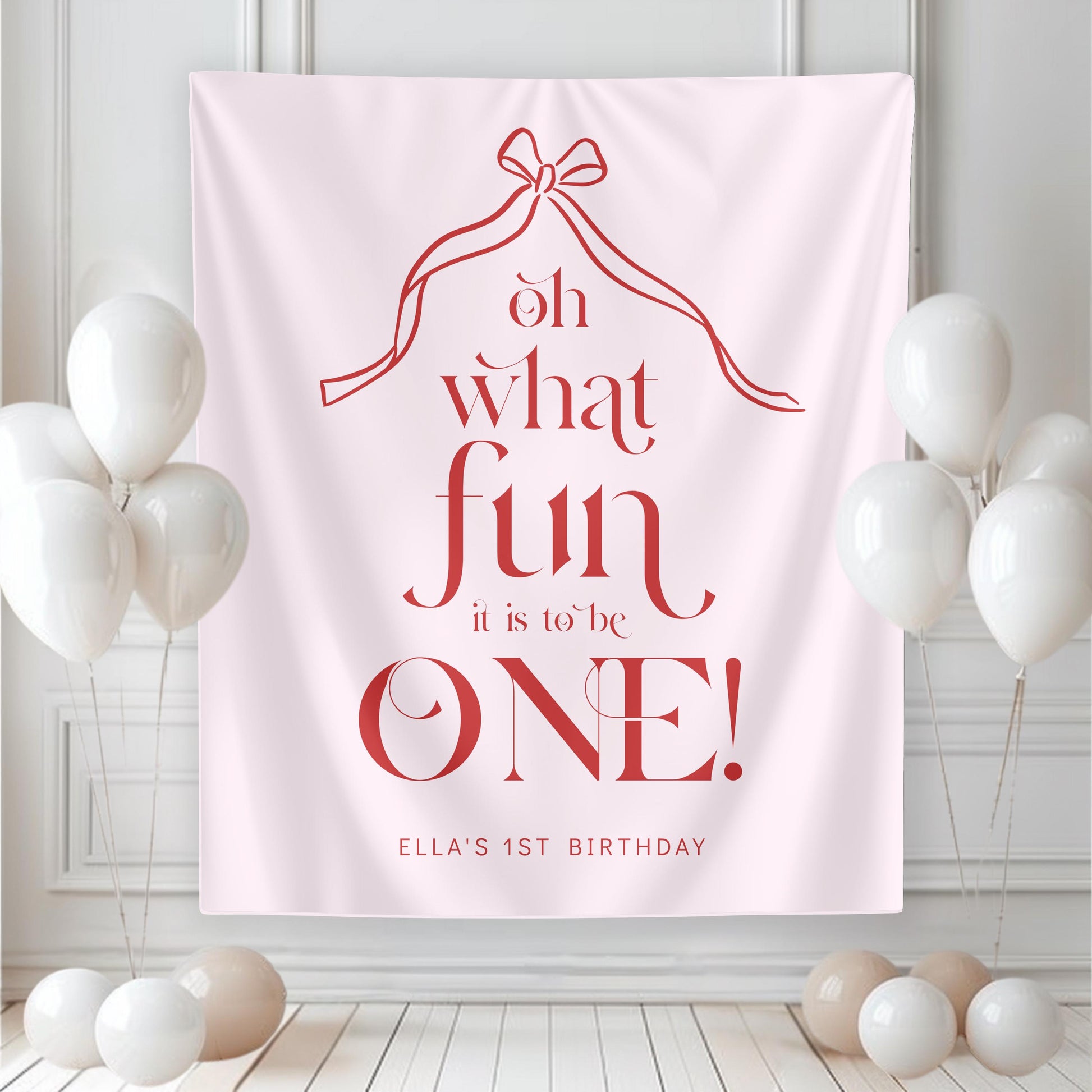 Oh What Fun Pink Red Backdrop, Christmas First Birthday Banner, Coquette Bow Fabric Sign, Photo Backdrop Decor