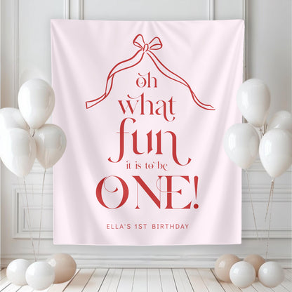 Oh What Fun Pink Red Backdrop, Christmas First Birthday Banner, Coquette Bow Fabric Sign, Photo Backdrop Decor