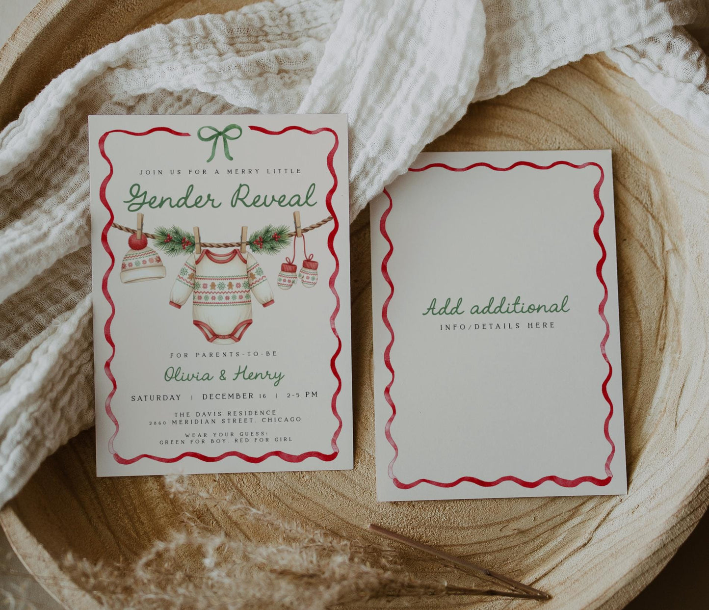 Christmas Gender Reveal Invitation | Merry Little Baby Shower Invite | Neutral Holiday Ribbon Bow Clothesline Design