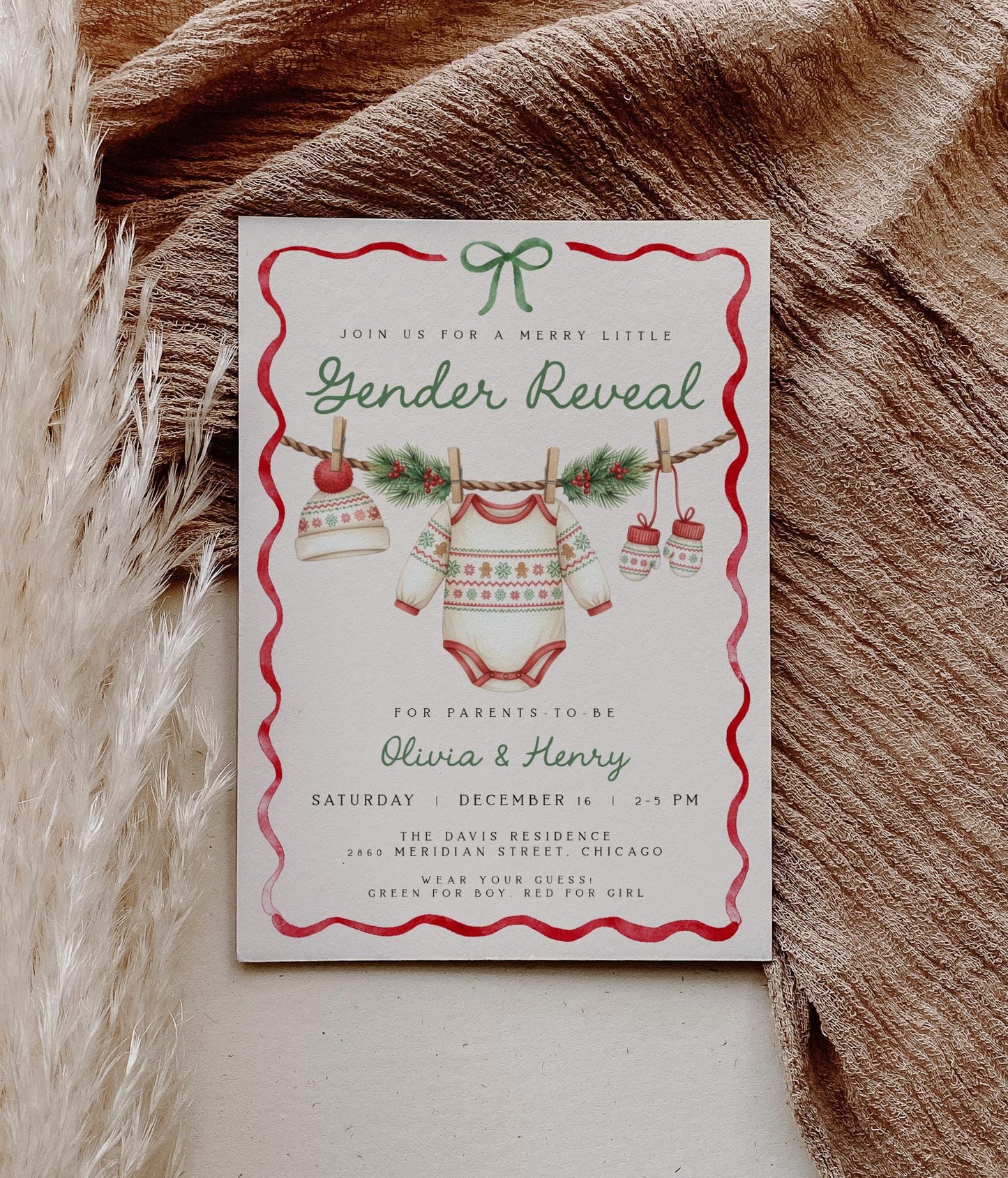 Christmas Gender Reveal Invitation | Merry Little Baby Shower Invite | Neutral Holiday Ribbon Bow Clothesline Design