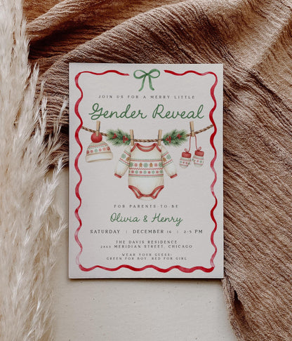 Christmas Gender Reveal Invitation | Merry Little Baby Shower Invite | Neutral Holiday Ribbon Bow Clothesline Design