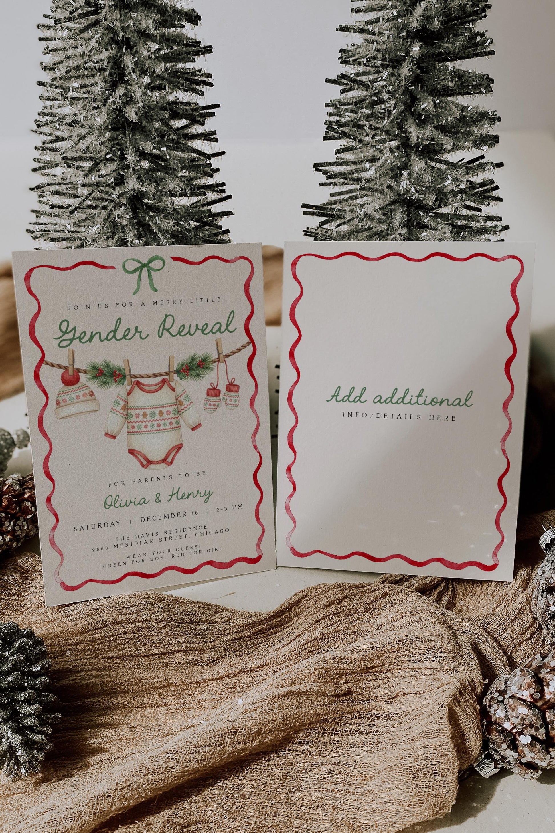 Christmas Gender Reveal Invitation | Merry Little Baby Shower Invite | Neutral Holiday Ribbon Bow Clothesline Design
