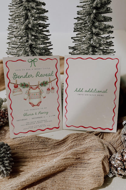 Christmas Gender Reveal Invitation | Merry Little Baby Shower Invite | Neutral Holiday Ribbon Bow Clothesline Design