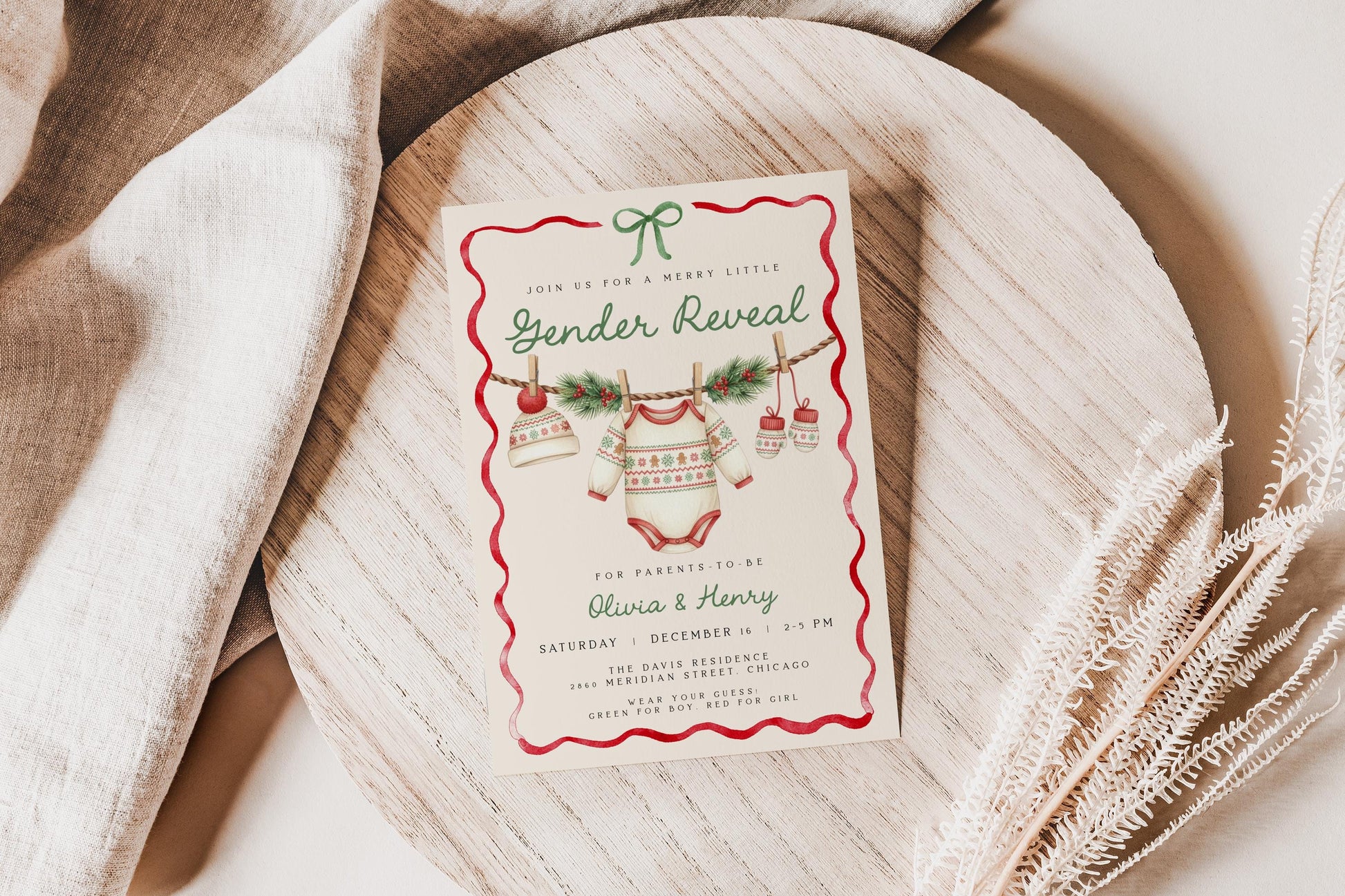Christmas Gender Reveal Invitation | Merry Little Baby Shower Invite | Neutral Holiday Ribbon Bow Clothesline Design