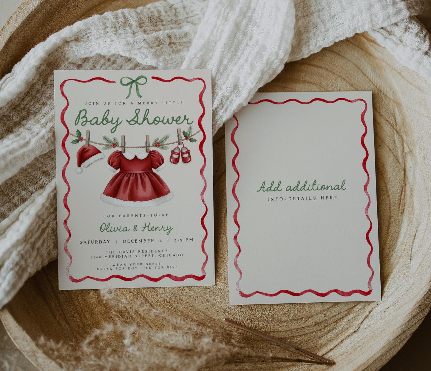 Girl Christmas Baby Shower Invitation | Merry Little Invite | Santa Hat Dress Clothesline with Holiday Ribbon Bow Design
