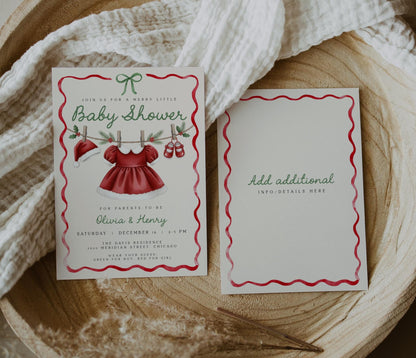 Girl Christmas Baby Shower Invitation | Merry Little Invite | Santa Hat Dress Clothesline with Holiday Ribbon Bow Design