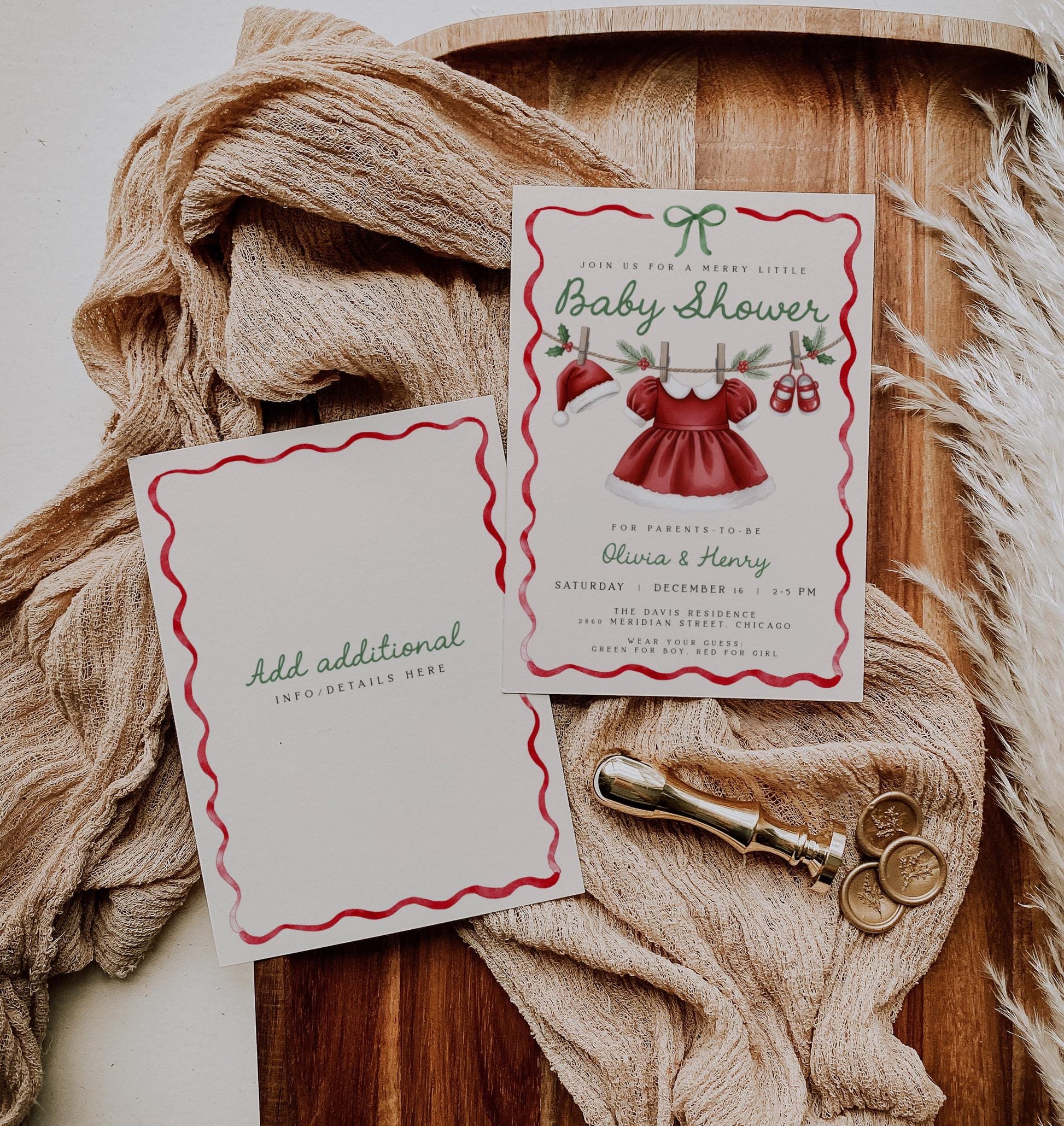 Girl Christmas Baby Shower Invitation | Merry Little Invite | Santa Hat Dress Clothesline with Holiday Ribbon Bow Design