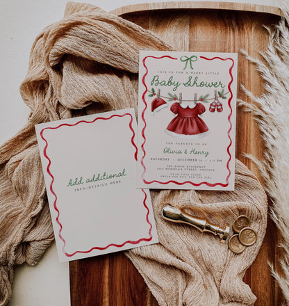 Girl Christmas Baby Shower Invitation | Merry Little Invite | Santa Hat Dress Clothesline with Holiday Ribbon Bow Design