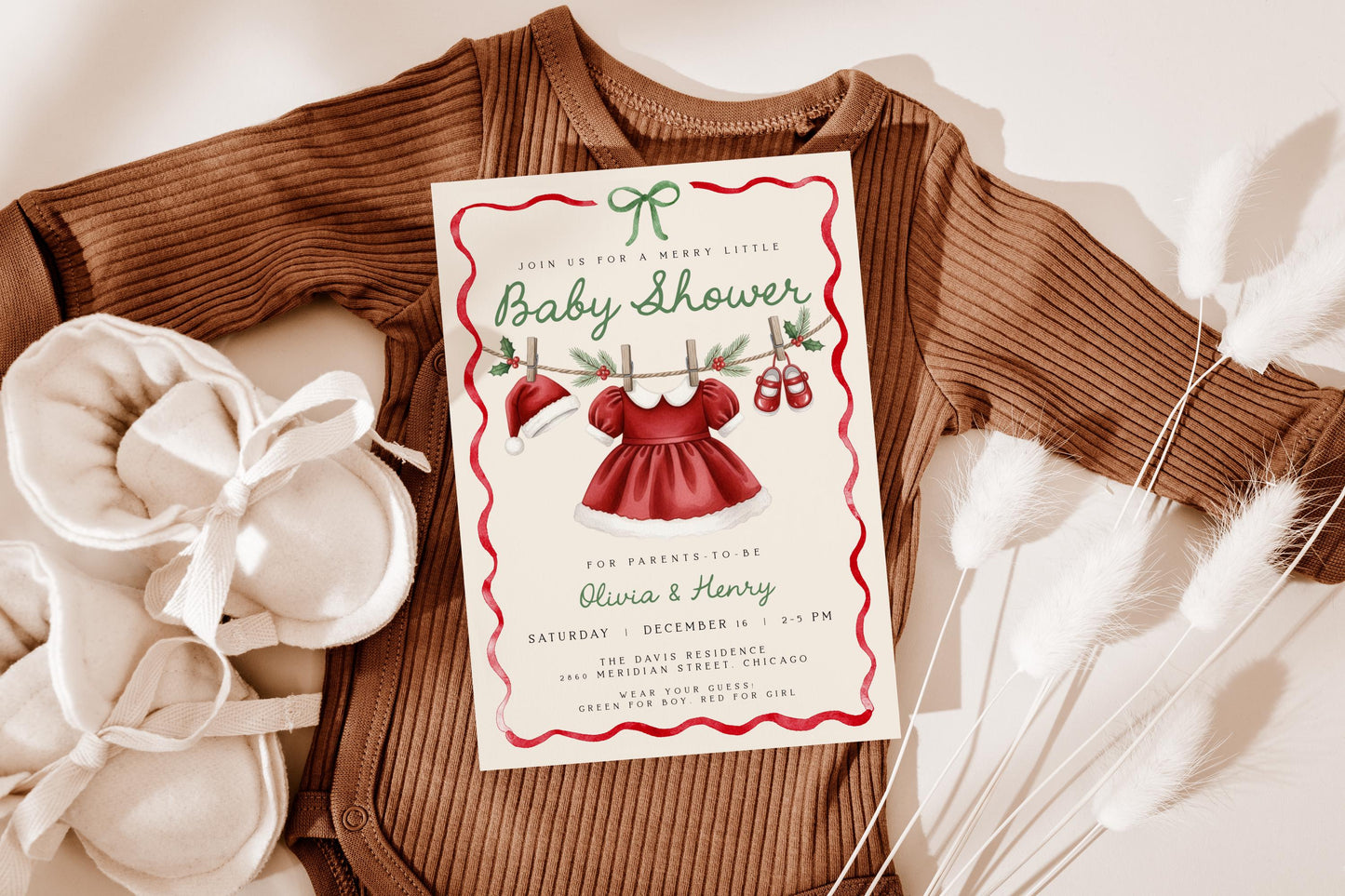 Girl Christmas Baby Shower Invitation | Merry Little Invite | Santa Hat Dress Clothesline with Holiday Ribbon Bow Design