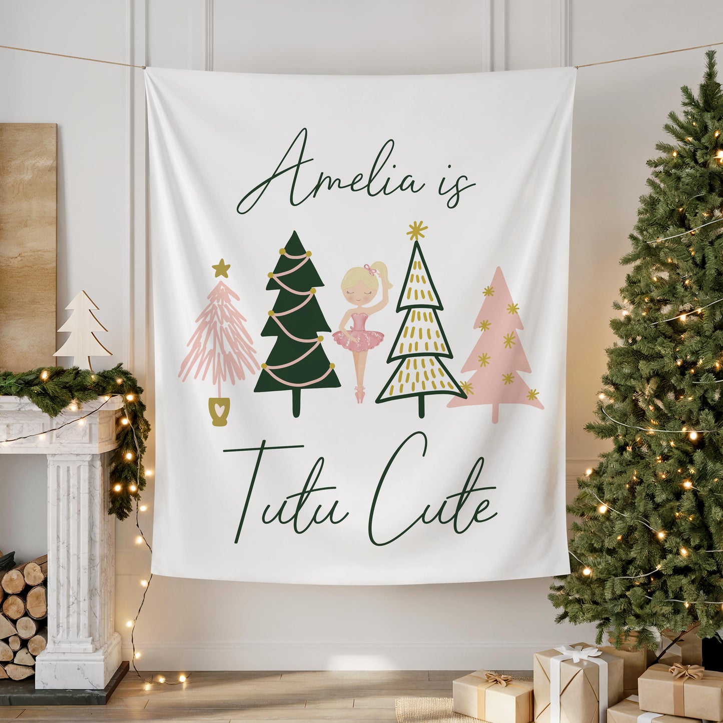 Tutu Cute Backdrop | Girl Winter Christmas Second Birthday Banner | Pink Green Peach Gold Welcome Sign | Personalized Ballerina Decor