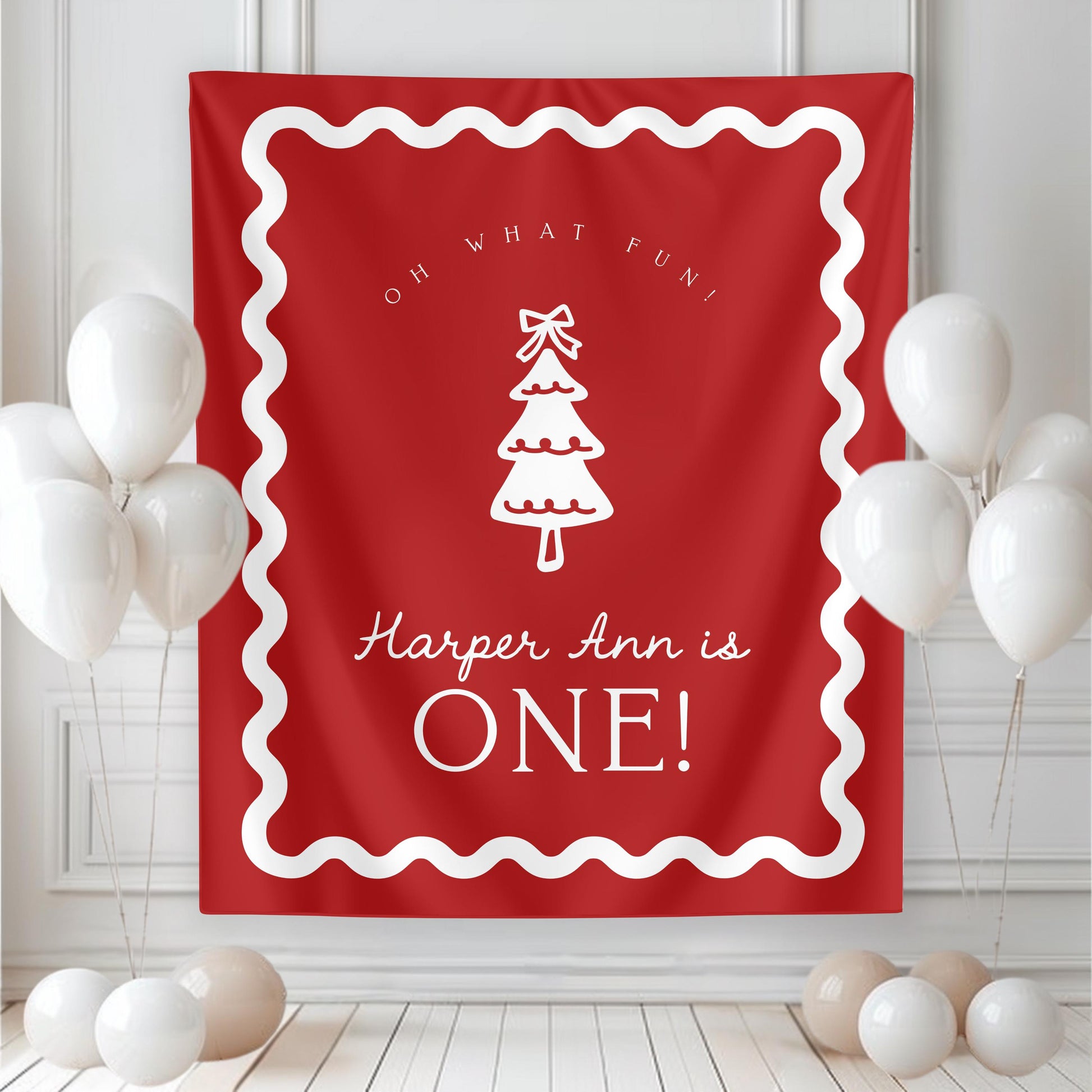 Girl Christmas Birthday Backdrop | Red Christmas Tree Bow Banner | First Birthday Photo Backdrop | Oh What Fun Decor | Wavy Border