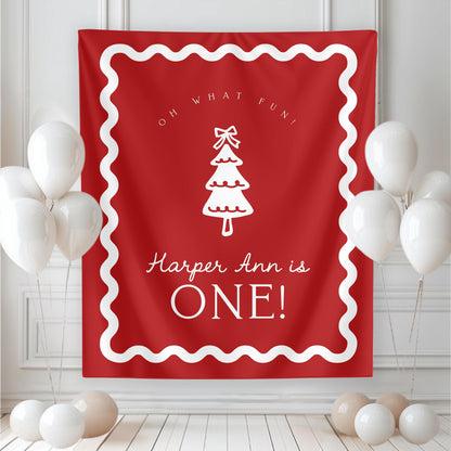 Girl Christmas Birthday Backdrop | Red Christmas Tree Bow Banner | First Birthday Photo Backdrop | Oh What Fun Decor | Wavy Border