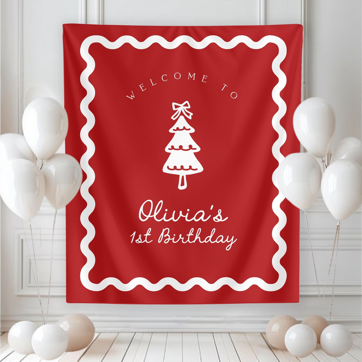 Girl Christmas Birthday Backdrop | Red Christmas Tree Bow Banner | First Birthday Photo Backdrop | Oh What Fun Decor | Wavy Border