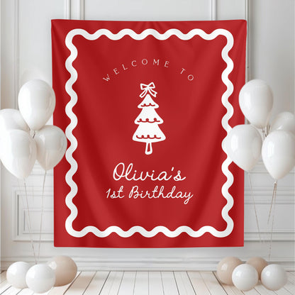 Girl Christmas Birthday Backdrop | Red Christmas Tree Bow Banner | First Birthday Photo Backdrop | Oh What Fun Decor | Wavy Border