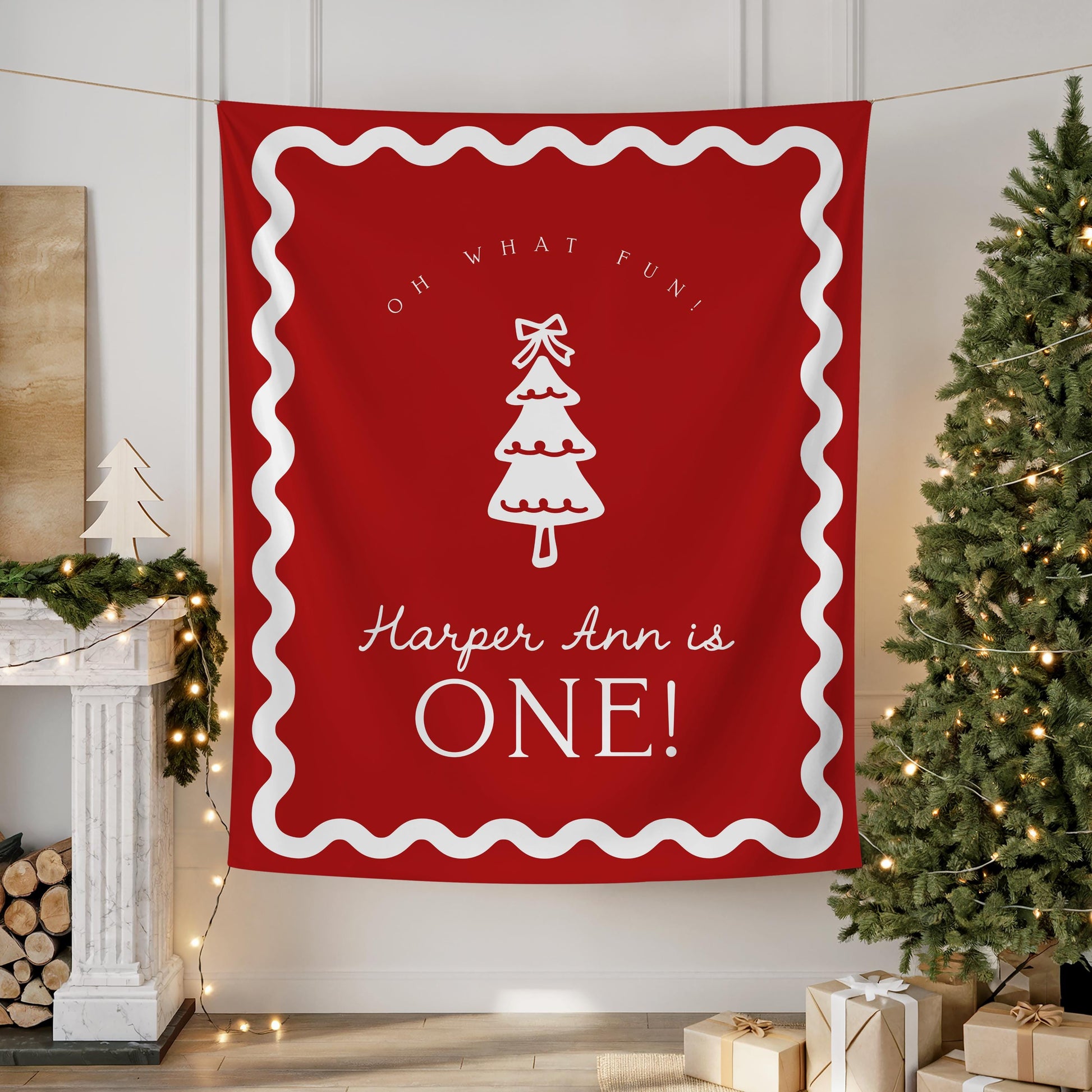 Girl Christmas Birthday Backdrop | Red Christmas Tree Bow Banner | First Birthday Photo Backdrop | Oh What Fun Decor | Wavy Border