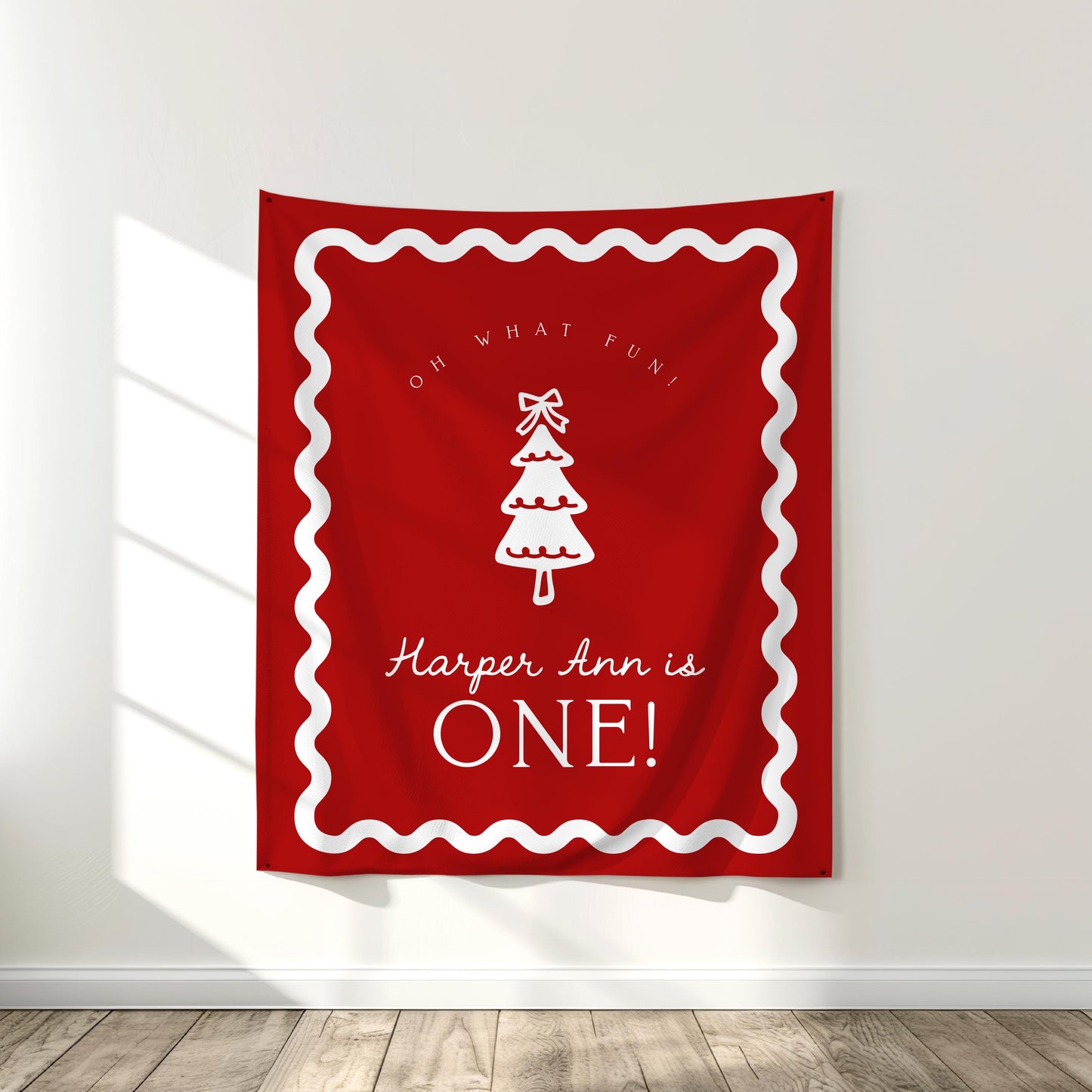 Girl Christmas Birthday Backdrop | Red Christmas Tree Bow Banner | First Birthday Photo Backdrop | Oh What Fun Decor | Wavy Border