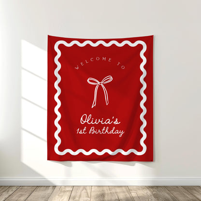 Bow Christmas Birthday Backdrop | Red White Bow Banner | First Birthday Photo Backdrop | Coquette Holiday Party Welcome Sign | Wavy Border