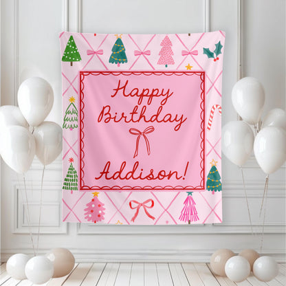 Pink Bow Christmas Birthday Backdrop, Whimsical Holiday Party Banner, Personalized Girl Photo Backdrop Decor
