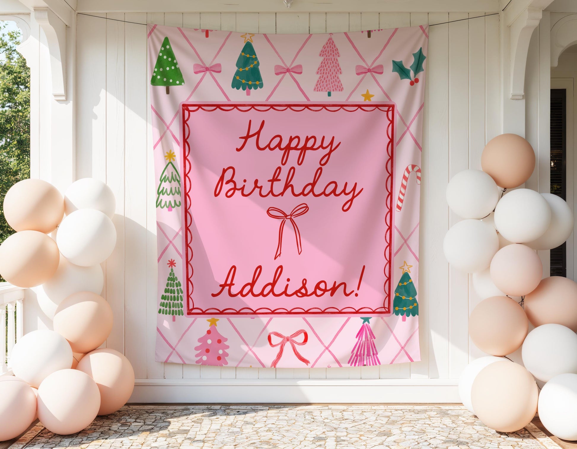 Pink Bow Christmas Birthday Backdrop, Whimsical Holiday Party Banner, Personalized Girl Photo Backdrop Decor