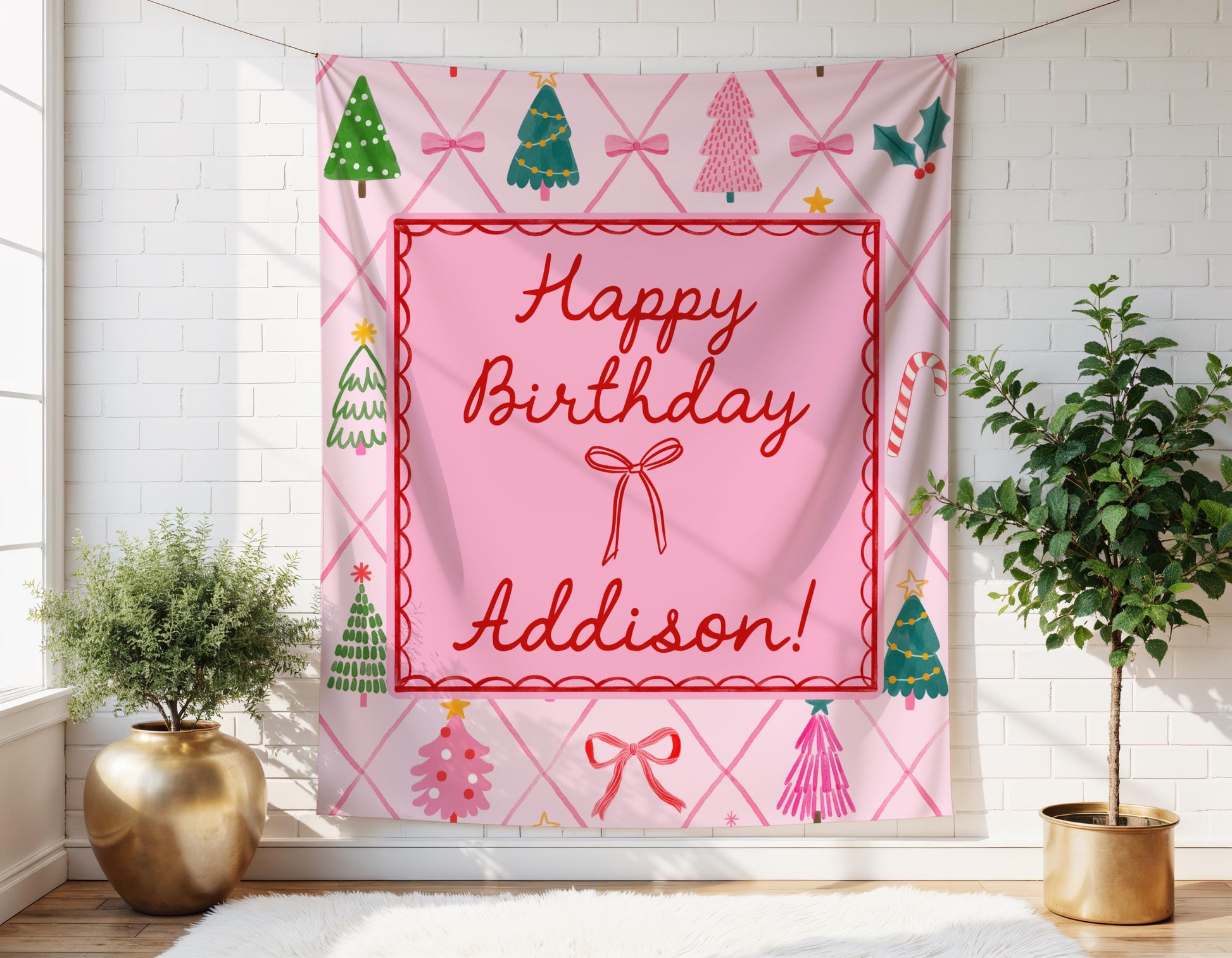 Pink Bow Christmas Birthday Backdrop, Whimsical Holiday Party Banner, Personalized Girl Photo Backdrop Decor