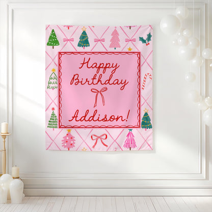 Pink Bow Christmas Birthday Backdrop, Whimsical Holiday Party Banner, Personalized Girl Photo Backdrop Decor
