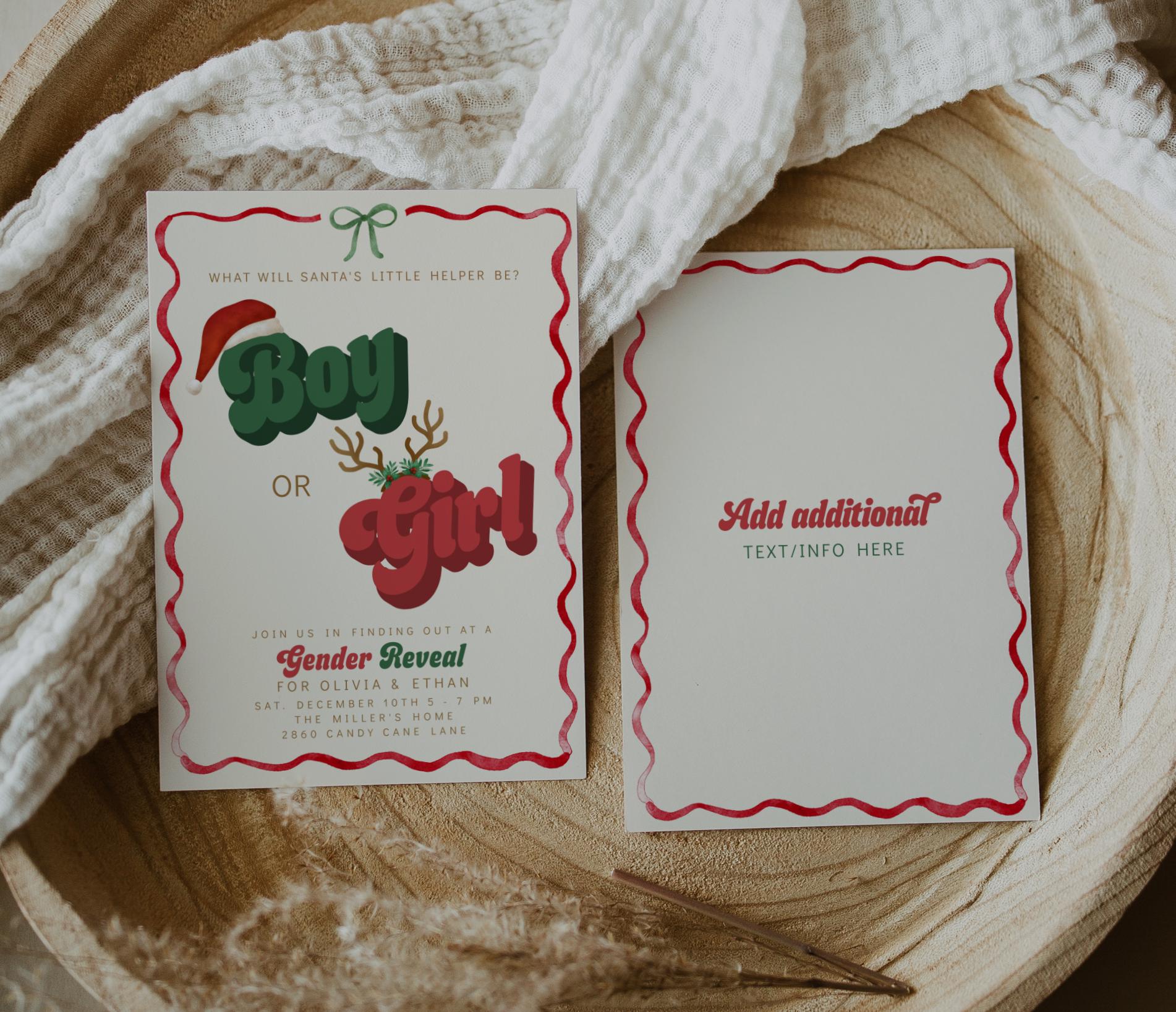 Christmas Gender Reveal Invitation | Retro Holiday Baby Shower Invite | Santa’s Little Helper Boy or Girl Editable Corjl Template