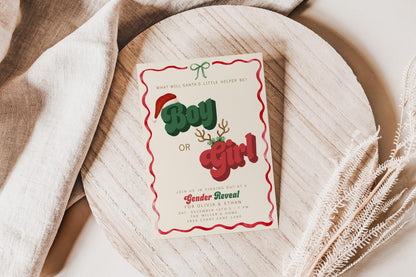 Christmas Gender Reveal Invitation | Retro Holiday Baby Shower Invite | Santa’s Little Helper Boy or Girl Editable Corjl Template