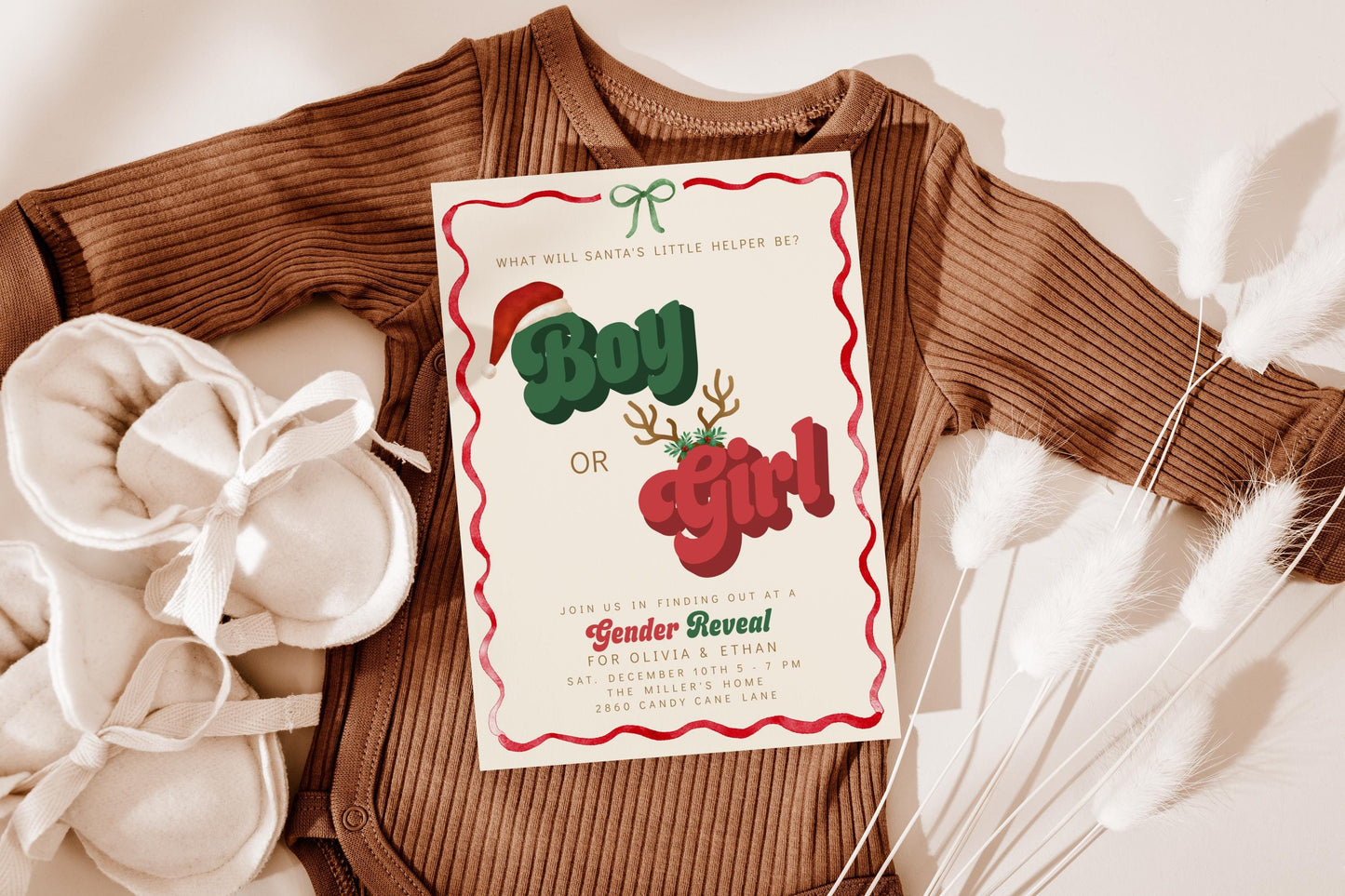 Christmas Gender Reveal Invitation | Retro Holiday Baby Shower Invite | Santa’s Little Helper Boy or Girl Editable Corjl Template