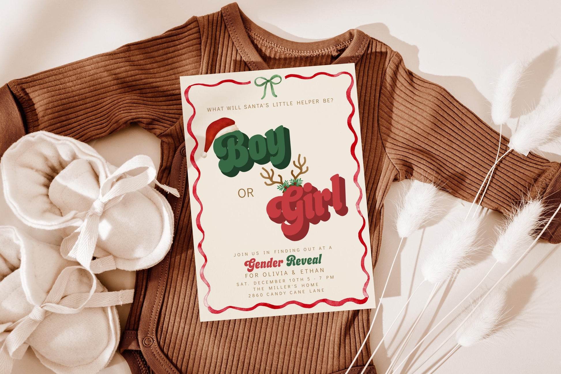 Christmas Gender Reveal Invitation | Retro Holiday Baby Shower Invite | Santa’s Little Helper Boy or Girl Editable Corjl Template