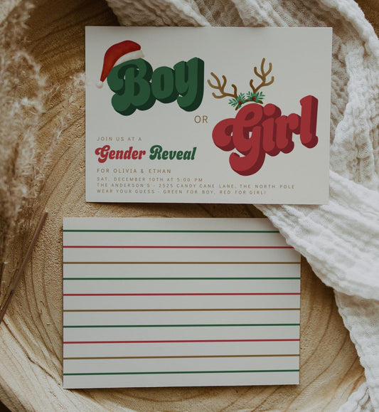 Christmas Gender Reveal Invitation | Retro Holiday Baby Shower Invite | Boy or Girl Editable Corjl Template