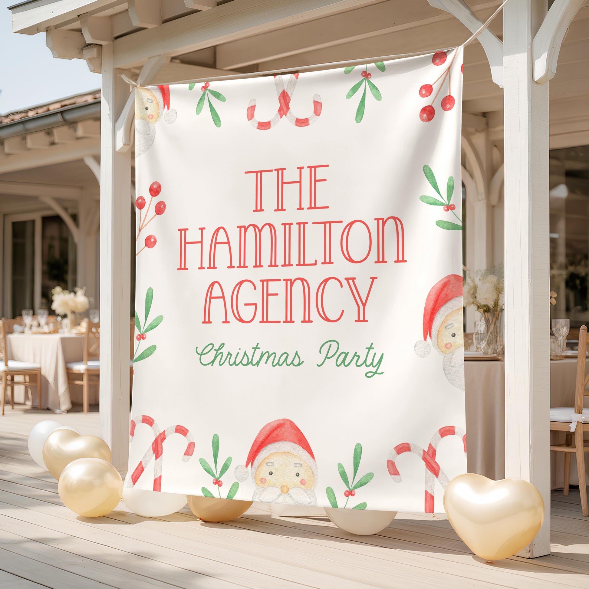 Santa Christmas Party Backdrop, Large Holiday Banner, Candy Cane & Holly Decoration, Family or Company Xmas Photo Booth Background
