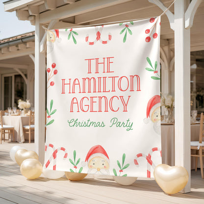 Santa Christmas Party Backdrop, Large Holiday Banner, Candy Cane & Holly Decoration, Family or Company Xmas Photo Booth Background