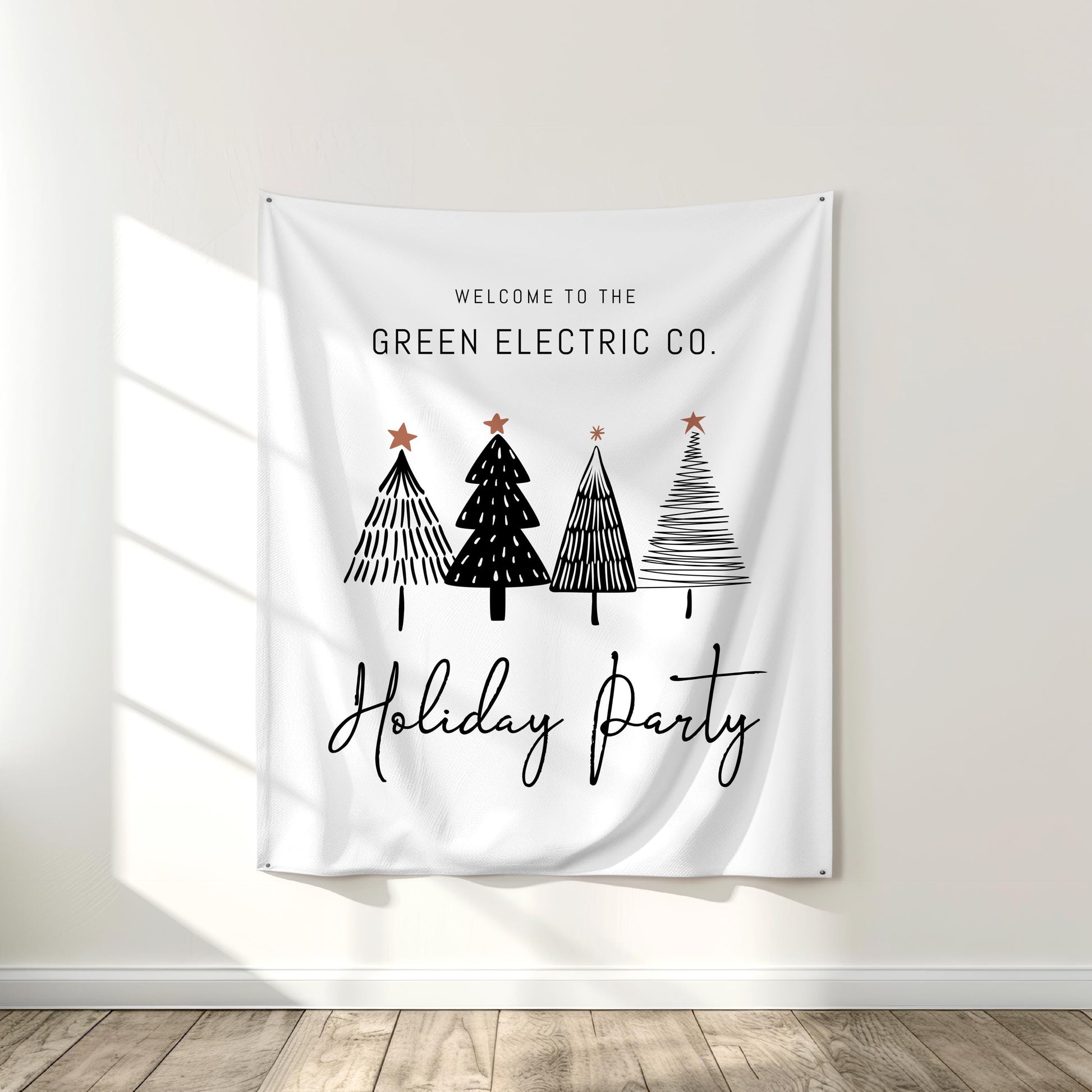 Holiday Party Welcome Banner, Minimalist Black and White Tree Backdrop, Christmas Party Decor, Company Holiday Party Entrance Sign