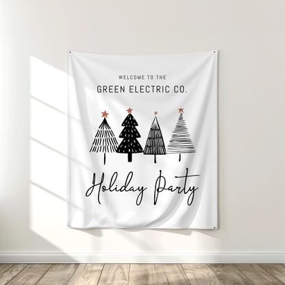 Holiday Party Welcome Banner, Minimalist Black and White Tree Backdrop, Christmas Party Decor, Company Holiday Party Entrance Sign