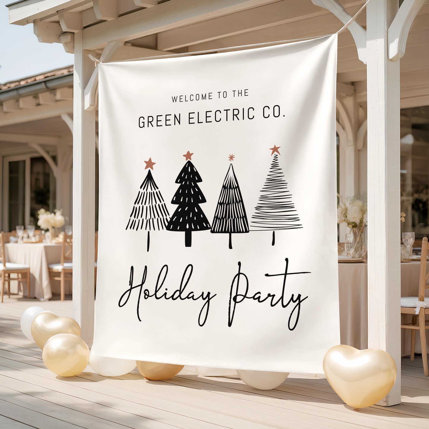 Holiday Party Welcome Banner, Minimalist Black and White Tree Backdrop, Christmas Party Decor, Company Holiday Party Entrance Sign