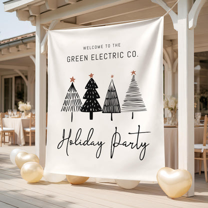 Holiday Party Welcome Banner, Minimalist Black and White Tree Backdrop, Christmas Party Decor, Company Holiday Party Entrance Sign