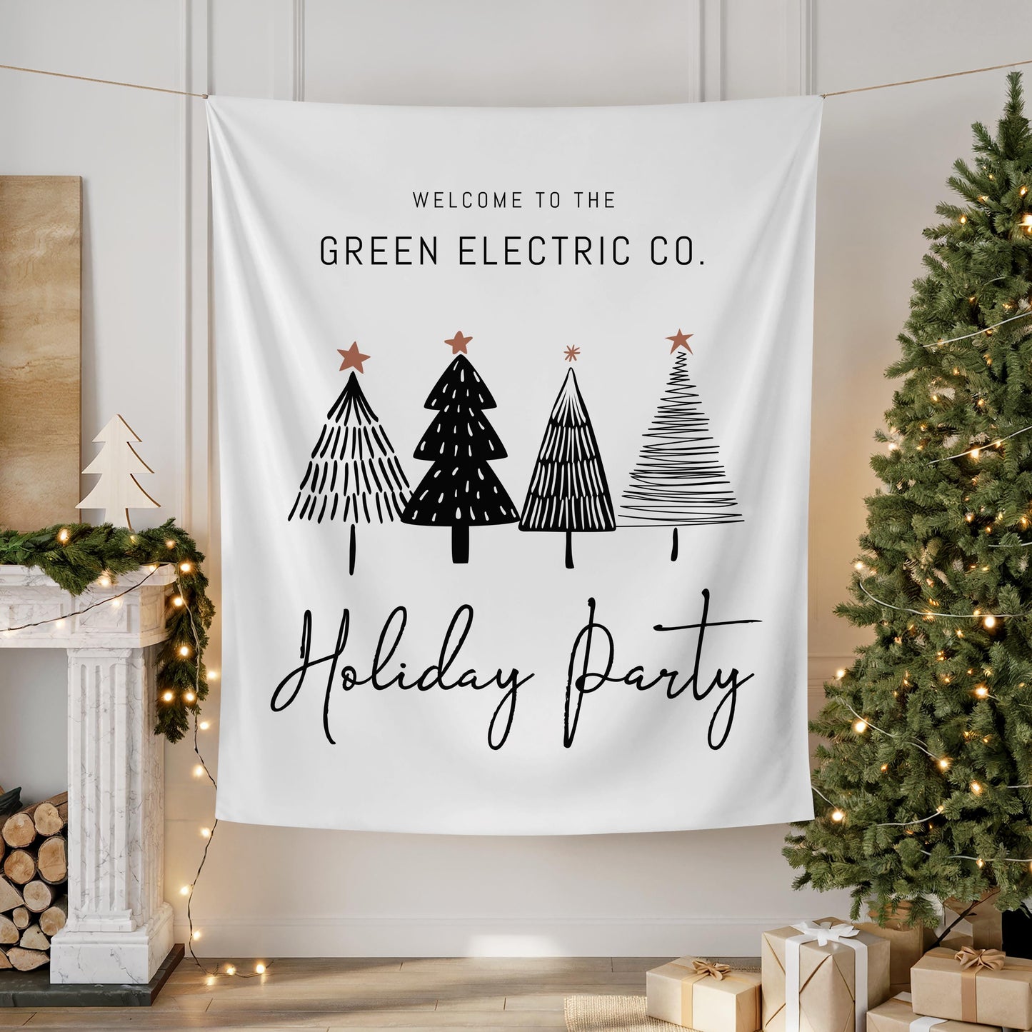 Holiday Party Welcome Banner, Minimalist Black and White Tree Backdrop, Christmas Party Decor, Company Holiday Party Entrance Sign