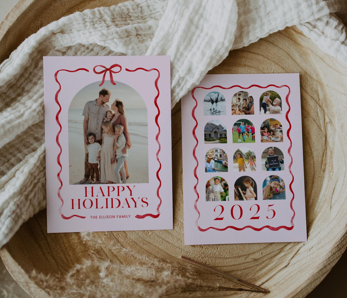 Pink and Red Bow Christmas Photo Card, Whimsical Ribbon Holiday Photo Card Canva Template