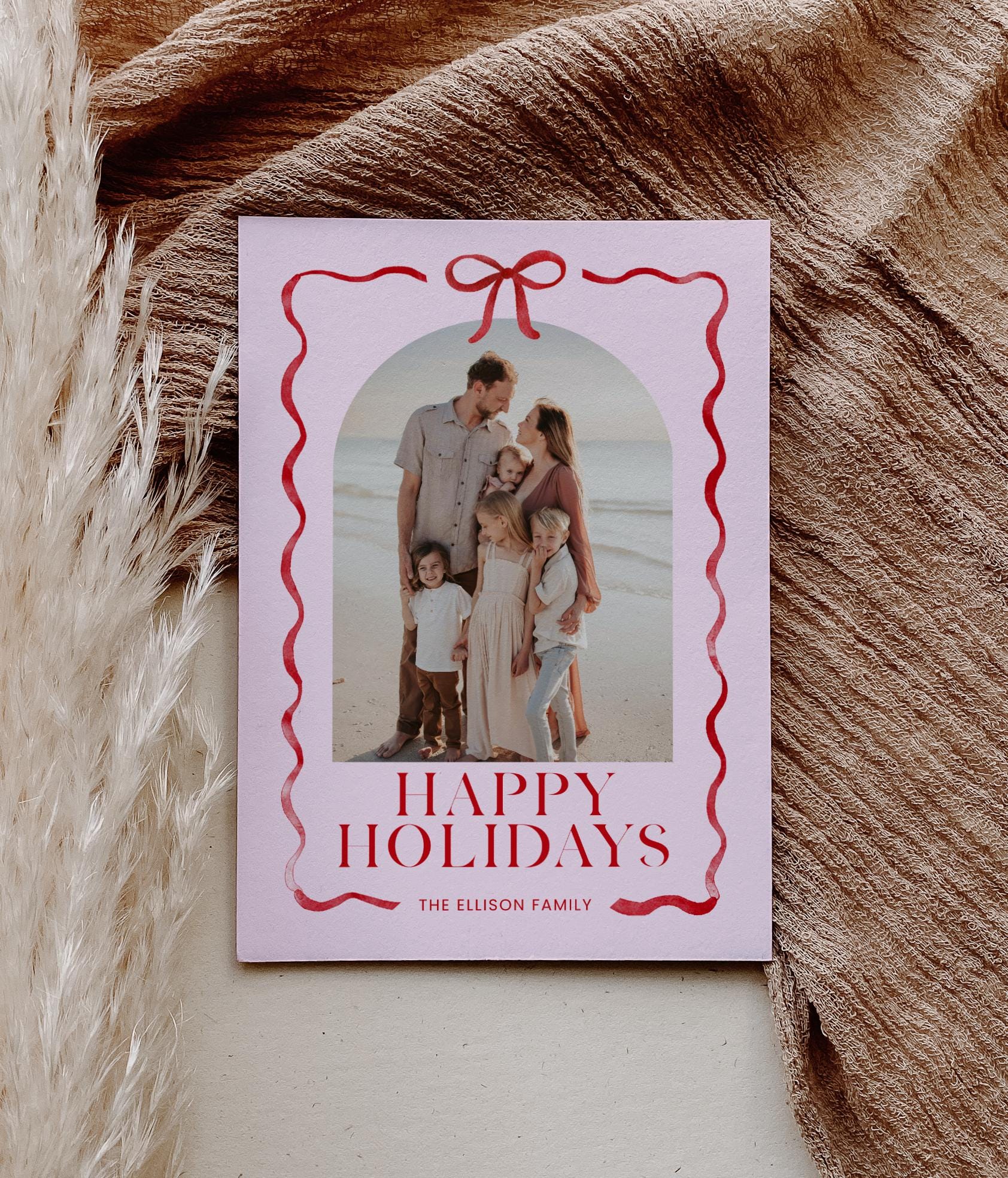 Pink and Red Bow Christmas Photo Card, Whimsical Ribbon Holiday Photo Card Canva Template